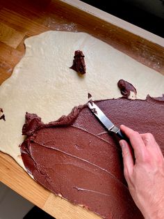 a person cutting into a chocolate cake with a knife