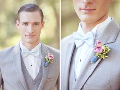 two pictures of a man in a suit and bow tie with flowers on his lapel