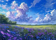 a field with purple flowers and clouds in the sky