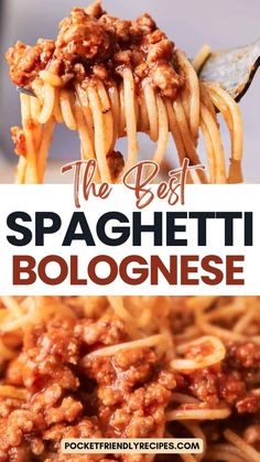 the best spaghetti bolognesee recipe with meat and cheese on top is shown