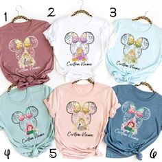 four different shirts with minnie mouse on them