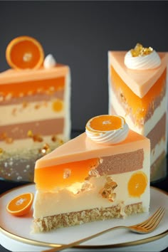 there is a piece of cake with oranges on it and another slice has an orange