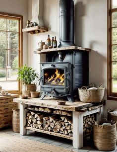 a wood burning stove sitting inside of a living room next to a table with baskets on it