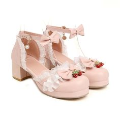 LBSFY - Women Fashion Sweet Bowknot Lolita Shoes Block Heels Strawberry Ankle Strap Platform Lace Ruffles Maid Mary Jane Pumps Size 45 Product Photos Strawberry Shoes, Shoes Block Heels, Casual Pumps, Japanese Harajuku, Mary Jane Pumps, Girls Sweet, Strap Pumps, Mary Jane Heels, Lace Ruffle