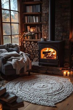 a living room filled with furniture and a fire place next to a large open window