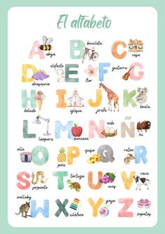 an alphabet poster with animals and letters on it