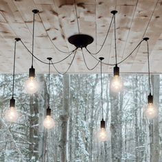 the light bulbs are hanging from the ceiling in the snow covered room with windows and trees