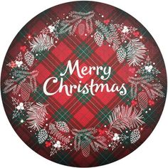 a red and green plaid christmas ornament with pine cones, firs and snowflakes