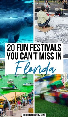 some people are looking at the pictures in front of them with text overlay that reads 20 fun festivals you can't miss in florida