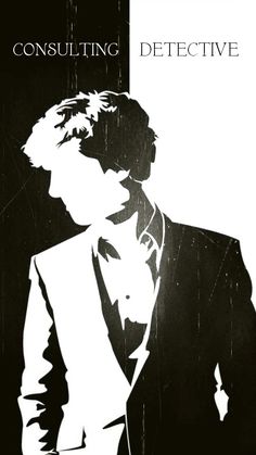 the silhouette of a man in a suit is shown on a black and white background