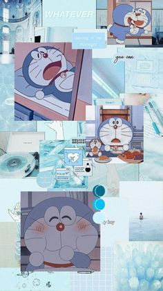 cartoon character collages in blue and white colors, with the caption whatever