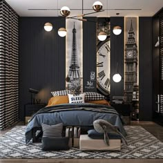 the bedroom is decorated in black and white with an eiffel tower wallpaper