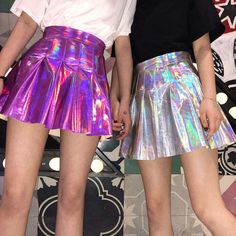 Cheap Pleated Skirt, Cute Rainbow Outfits, Holographic Clothes, Pleated Leather Mini Skirt, Holographic Skirt, Leather Skirt Mini, Flashy Outfits, Leather Skirt Short, Pleated Leather Skirt