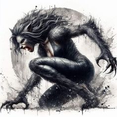 a drawing of a demon with long hair and claws on it's back, kneeling down