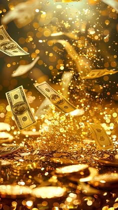 money is falling from the sky and gold glitters are flying around it in this artistic photo