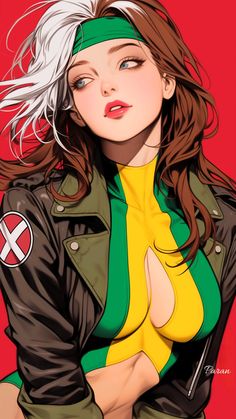 a drawing of a woman with white hair wearing a green and yellow shirt, black leather jacket and headband