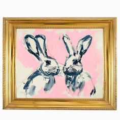 a painting of two rabbits in front of a pink background