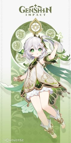 an anime character with white hair and green eyes, in front of a green background