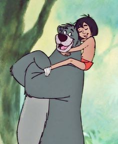 an animated image of a man hugging a bear