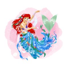 the little mermaid is dancing with a green leaf