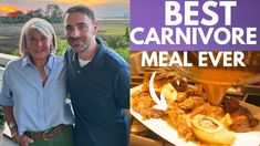 a man and woman standing next to each other in front of a sign that says best carnivor meal ever