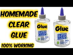 two bottles of glue on top of each other with the words homemade clear glue over them