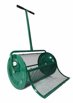 a green hand truck with two wheels and a basket on the front, is shown