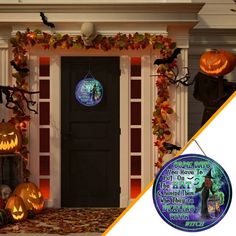 a door decorated for halloween with pumpkins and decorations