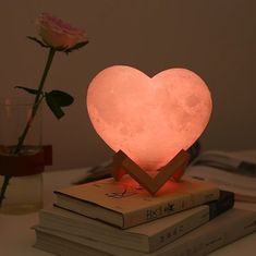 a heart shaped lamp sitting on top of books next to a rose