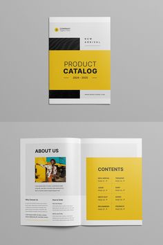 an open brochure with yellow and black accents on the front, side and back pages