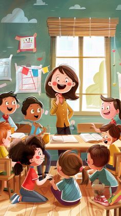 Scena di Scuola in Classe di Bambini di Prima Elementare Elementary School Illustration, Classroom Illustration Art, Classroom Illustration School, Teacher Illustration Character, School Students Images, Teacher And Student Images, Classroom Illustration, Class Illustration, Classroom Scene