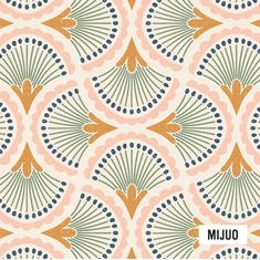 an art deco wallpaper pattern in pink, blue and gold with the words mujiu on it