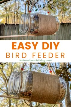 mason jar bird feeder hanging from a tree with text overlay that says easy diy bird feeder