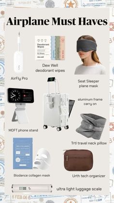 an airplane must haves poster with all the items needed to fly in it, including headgear and eye mask