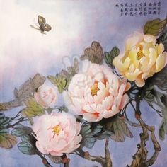 a painting of pink flowers on a branch with a butterfly in the sky behind it