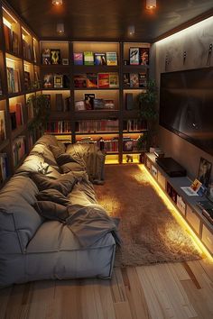 a living room filled with lots of furniture and bookshelves