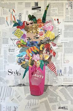 a pink vase filled with lots of different types of items on top of a newspaper