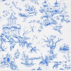 blue and white toiler paper napkins with an image of boats, trees and buildings