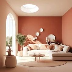 a living room with orange walls and white furniture