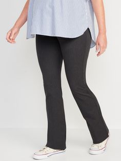 The stretchy profesh pant you love, in a just-right flare.  full-panel waistband faux fly diagonal front pockets faux welt pockets at back panel stretches over the belly fitted through hip and thigh flared leg hits below ankle 32" inseam model is approximately 5'9" and wears a size M (8)Machine wash cold, gentle cycle, line dry. Fitted Workwear Pants With Wide Waistband, Fitted Pants With Wide Waistband For Work, Fitted Mid-rise Pull-on Dress Pants, Fitted Flare Pants With Pockets, Pixie Pants, Old Navy Maternity, Perfect Pant, Womens Maternity, Bottom Clothes