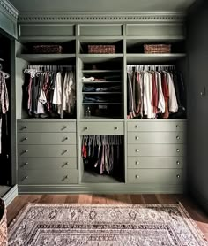 a walk in closet with lots of drawers and clothes hanging on the walls, along with a rug