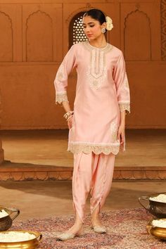 Blush pink kurta with placement kashmiri tilla and parsi gara embroidery, highlighted with basra moti. Paired with a dhoti pant. - Aza Fashions Parsi Gara Embroidery, Gara Embroidery, Pink Kurta, Kurta Patterns, Dhoti Pants, Pant For Women, Luxury Sale, Indian Designer Wear, Modern Bride