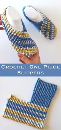 crochet one piece slippers is shown in blue, yellow and white stripes