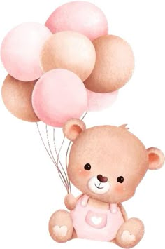 a brown teddy bear holding pink and white balloons