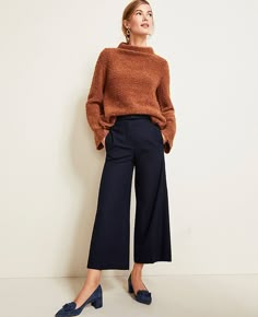 Navy Trousers Outfit Women, Casual Outfits Petite, Ann Taylor Outfit, Wide Leg Trousers Outfit, Loft Outfits, Women Professional Attire, Flare Sleeve Sweater, Wide Leg Pants Outfit, Winter Pants Outfit