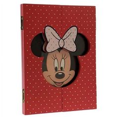 a red book with a minnie mouse face on it