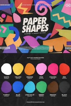 an advertisement for paper shapes with different colors and shapes on the front, in black background