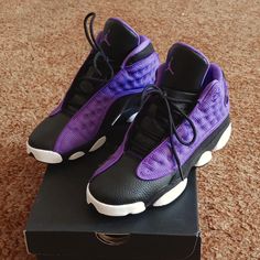 These Are Brand New ... Absoulutley Adoarable There Violet Black N White Retro Jordan 13s Asking 220 Obo Make Me An Offer All Will Be Considered There 5.5 Big Kids Size Which Is 7.5 In Women Purple Leather Lace-up Jordan Shoes, Purple Leather Basketball Shoes With Cushioned Footbed, Purple Leather Jordan Shoes With Round Toe, Purple Jordan Sporty Shoes With Round Toe, Purple Sporty Jordan Shoes With Round Toe, Purple Lace-up Jordan Shoes, Purple Synthetic Jordan Sports Shoes, Purple Synthetic Jordan Shoes For Sports, Purple Lace-up Synthetic Basketball Shoes