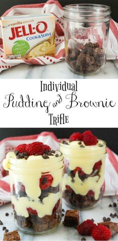 individual puddinging as brownie trifle in mason jars