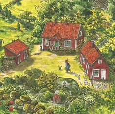 an image of a farm scene with chickens and horses in the yard, trees and grass